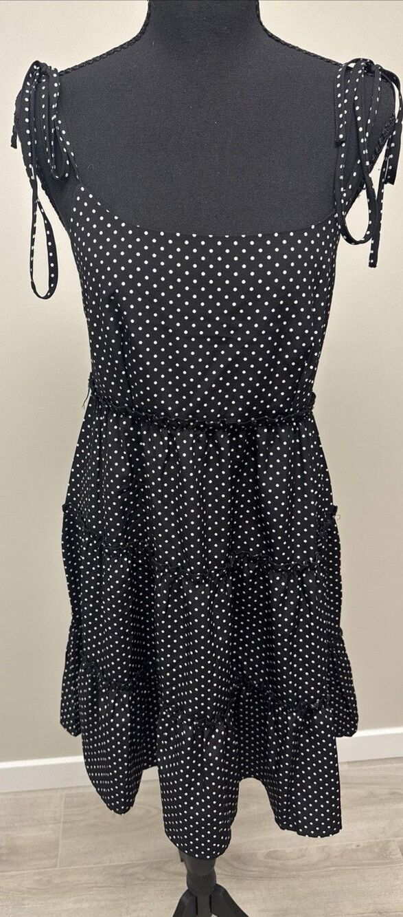 Greath Black White Polka Dot Tiered Midi Dress Tie Strap Womens Medium